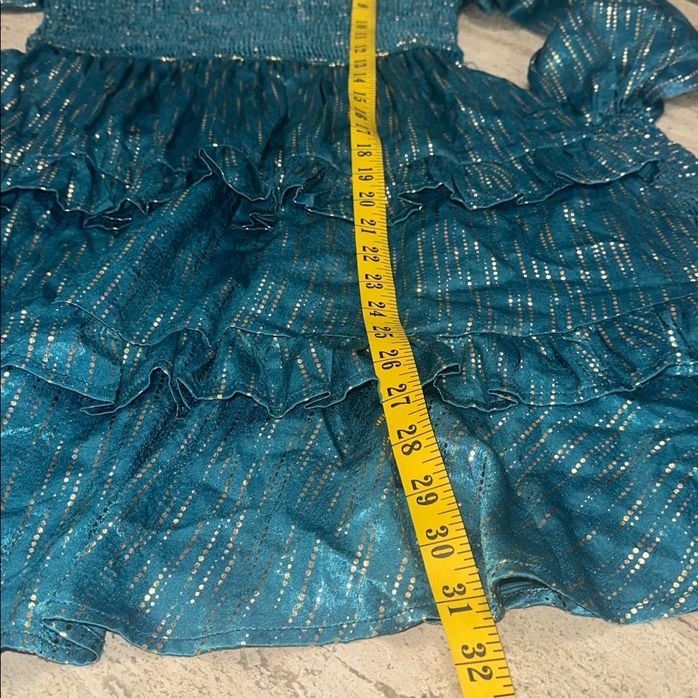 VICI Shine On Metallic Turquoise Baby Doll Smocked Top Tiered Mini Dress Size S - Picture 14 of 14